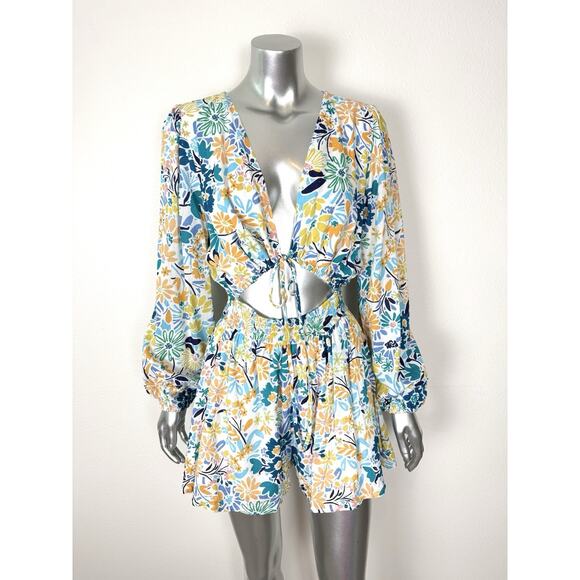 Floral Romper Cut Out Front Long Sleeve Meet Me In Santorini NWT - Picture 8 of 16